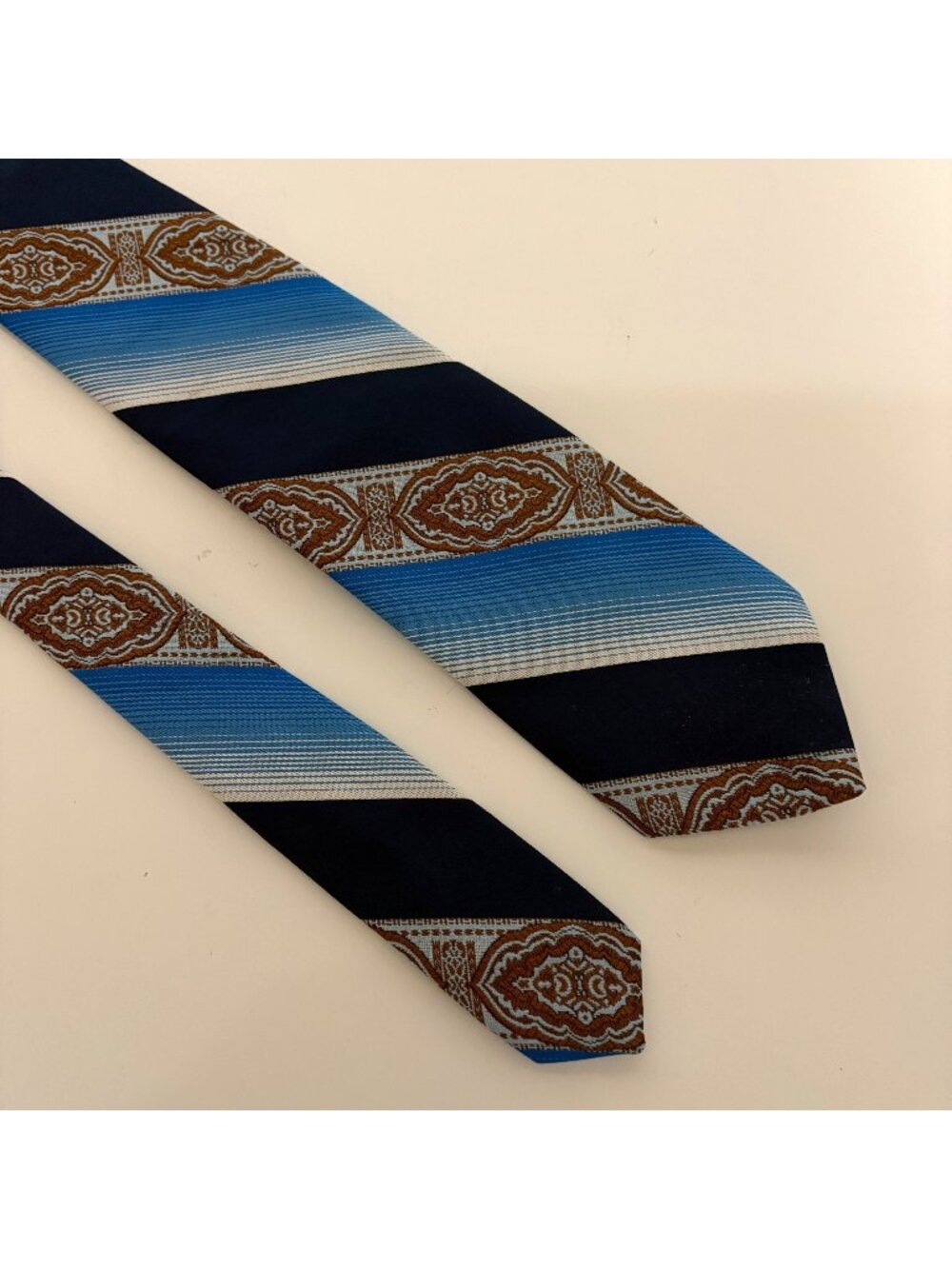Vintage Polyester Tie Blue Rust Abstract Striped Mens Necktie Classic Office